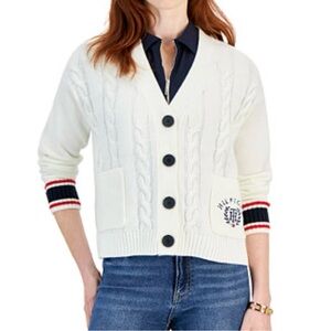 Tommy Hilfiger Women's Ivory Boxy Cable Knit‎ Cardigan Size Small Varsity Stripe